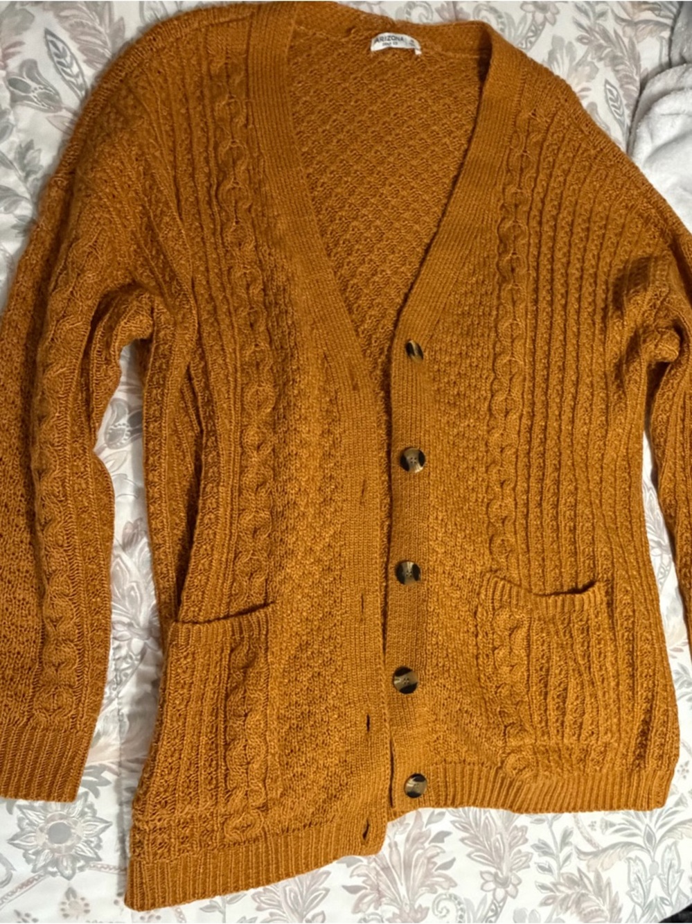 Arizona Jean Company Cable Knit Button Cardigan - Mustard